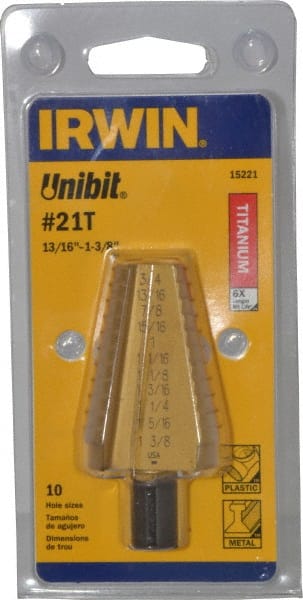 Irwin - 10 Hole Sizes, 13/16 to 1-3/8" Hole Diam High Speed Steel Standard Point Step Drill Bit - Exact Industrial Supply