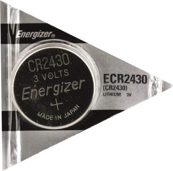 Energizer - Size CR2430, Lithium, Button & Coin Cell Battery - 3 Volts, Button Tab Terminal, CR2425, ANSI, IEC, NEDA, UL Listed Regulated - Exact Industrial Supply
