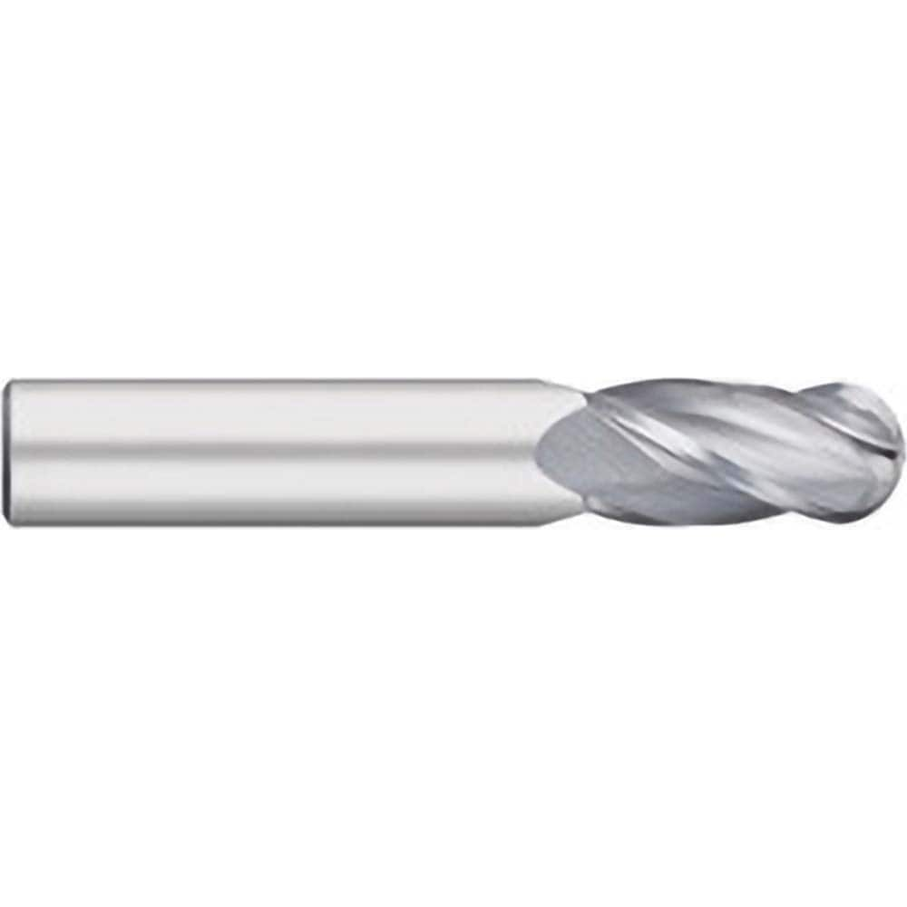 Ball End Mill: 0.0625″ Dia, 0.25″ LOC, 4 Flute, Solid Carbide 1-1/2″ OAL, 1/8″ Shank Dia, 30 ° Helix, Uncoated, Single End