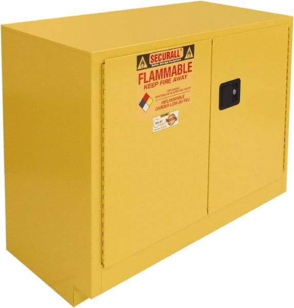 Securall Cabinets - 2 Door, 1 Shelf, Yellow Steel Under the Counter Safety Cabinet for Flammable and Combustible Liquids - 35-9/16" High x 47" Wide x 22" Deep, Manual Closing Door, 3 Point Key Lock, 36 Gal Capacity - Exact Industrial Supply