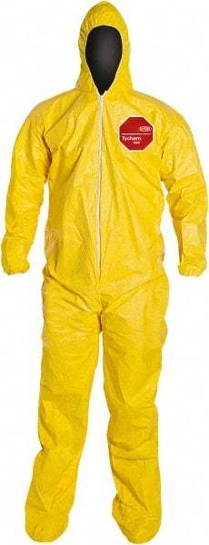 Dupont - Size M PE Film Chemical Resistant Coveralls - Yellow, Zipper Closure, Elastic Cuffs, Open Ankles, Serged Seams - Exact Industrial Supply