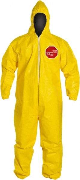 Dupont - Size XL PE Film Chemical Resistant Coveralls - Yellow, Zipper Closure, Elastic Cuffs, Elastic Ankles, Serged Seams - Exact Industrial Supply