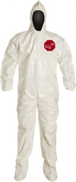 Dupont - Size M Saranex Chemical Resistant Coveralls - White, Zipper Closure, Elastic Cuffs, Open Ankles, Bound Seams - Exact Industrial Supply