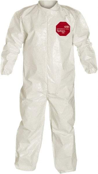 Dupont - Size M Saranex Chemical Resistant Coveralls - White, Zipper Closure, Elastic Cuffs, Elastic Ankles, Bound Seams - Exact Industrial Supply