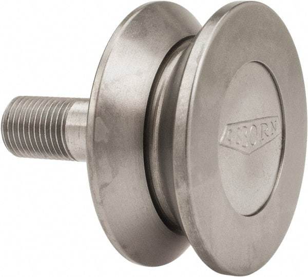 Osborn International - 2" Roller Diam x 27/32" Width, 1/2" Stud Diam x 1-1/4" Length, V Grooved Concentric Stud - Steel, 5/8" Thread Length, 1/2-20 Thread, 2-3/32" OAL, 600 Lb Dynamic Cap - Exact Industrial Supply