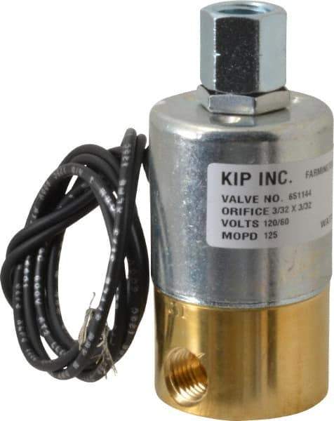 KIP - 1/4" Port, Direct Acting, Brass Solenoid Valve - Normally Closed, 125 Max PSI, Buna-N Seal - Exact Industrial Supply