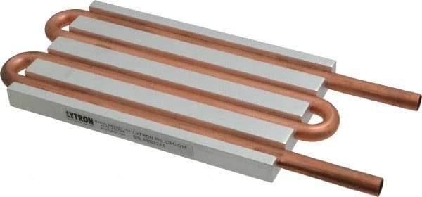 Lytron - 6" Long x 3-1/2" High, Straight Connection Copper Tube Cold Plate - 3/8 OD Tube, 4-Pass Fluid Path, Water Cooling, 1/2" Thick - Exact Industrial Supply