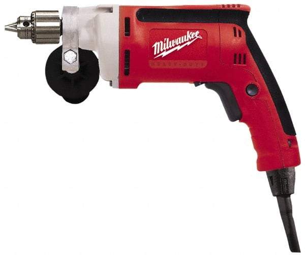 Milwaukee Tool - 1/4" Keyed Chuck, 2,500 RPM, Pistol Grip Handle Electric Drill - 7 Amps, 120 Volts, Reversible, Includes Chuck Key with Holder & Side Handle - Exact Industrial Supply