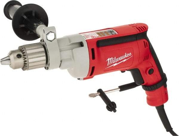 Milwaukee Tool - 1/2" Keyed Chuck, 850 RPM, Pistol Grip Handle Electric Drill - 8 Amps, 120 Volts, Non-Reversible, Includes 1/2" Magnum Drill, Chuck Key with Holder, Side Handle - Exact Industrial Supply