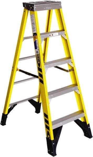 Werner - 4 Steps, 5' High, Type IAA Rating, Fiberglass Step Ladder - 375 Lb Capacity, 23-1/4" Base Width - Exact Industrial Supply