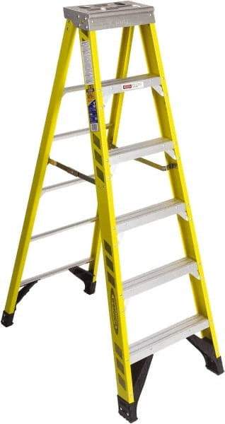 Werner - 5 Steps, 6' High, Type IAA Rating, Fiberglass Step Ladder - 375 Lb Capacity, 25" Base Width - Exact Industrial Supply