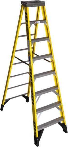 Werner - 7 Steps, 8' High, Type IAA Rating, Fiberglass Step Ladder - 375 Lb Capacity, 28-1/2" Base Width - Exact Industrial Supply