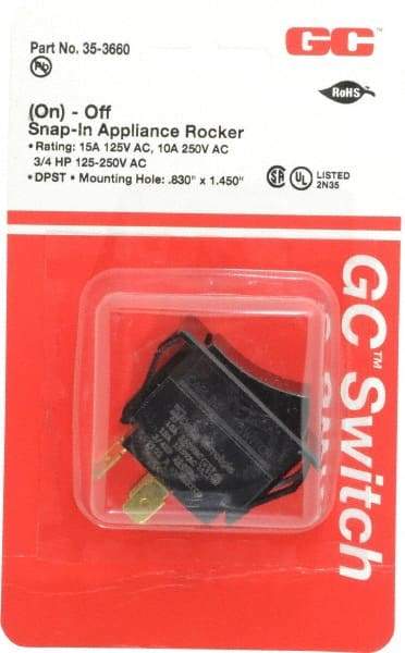 GC/Waldom - DPST, Momentary (MO), On-Off Sequence, Appliance Rocket Switch - 15 Amps at 125 Volts, 10 Amps at 250 Volts, 3/4 hp at 125/250 VAC, Quick Connect, Panel Mount - Exact Industrial Supply