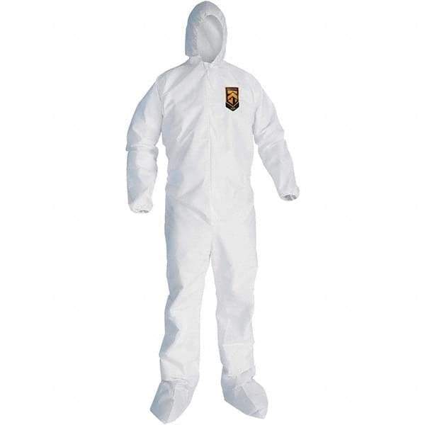 KleenGuard - Size 2XL SMS General Purpose Coveralls - White, Zipper Closure, Elastic Cuffs, with Boots, Serged Seams - Exact Industrial Supply
