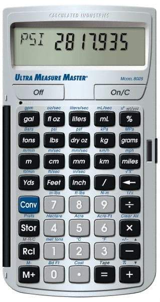 Calculated Industries - 11-Digit LCD (7 Normal & 4 Fractions) 400 Function Handheld Calculator - 0.73" x 2.56" (19.00mm x 65.0mm) Display Size, Silver, CR-2016 Powered, 7" Long x 5" Wide x 1" High - Exact Industrial Supply