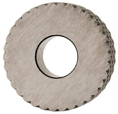 Made in USA - 1/2" Diam, 90° Tooth Angle, 25 TPI, Standard (Shape), Form Type High Speed Steel Female Diamond Knurl Wheel - 3/16" Face Width, 3/16" Hole, Circular Pitch, 30° Helix, Bright Finish, Series EP - Exact Industrial Supply