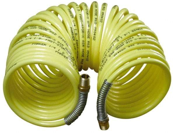 Parker - 3/8" ID, 3/8 Thread, 25' Long, Yellow Nylon Coiled & Self Storing Hose - 225 Max psi, Male Rigid x Male Swivel - Exact Industrial Supply