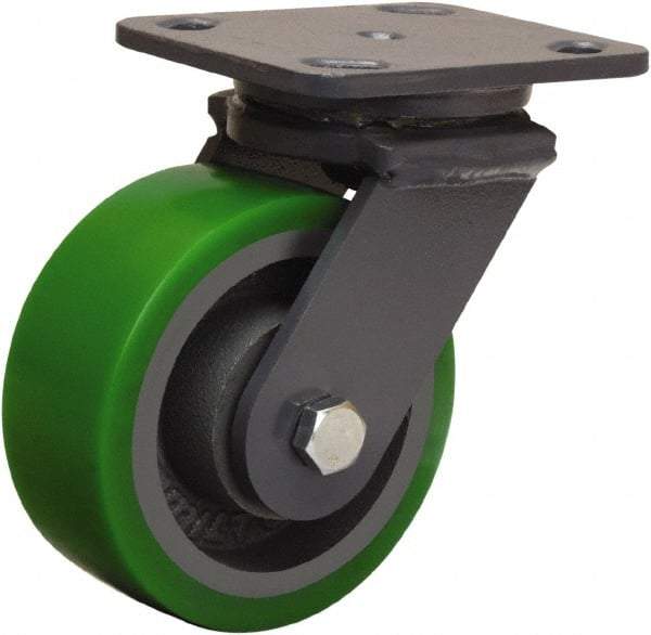 Hamilton - 5" Diam x 2" Wide x 6-1/2" OAH Top Plate Mount Swivel Caster - Polyurethane Mold onto Cast Iron Center, 1,050 Lb Capacity, Sealed Precision Ball Bearing, 4 x 5" Plate - Exact Industrial Supply