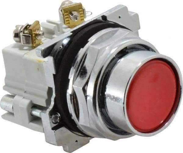 Eaton Cutler-Hammer - 30-1/2mm Mount Hole, Flush, Pushbutton Switch with Contact Block - Round, Red Pushbutton, Nonilluminated, Momentary (MO), Corrosion Resistant, Oiltight and Watertight - Exact Industrial Supply