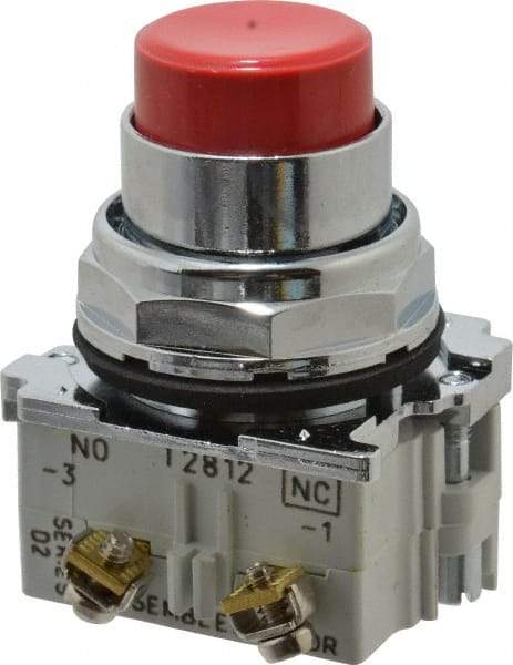 Eaton Cutler-Hammer - 30-1/2mm Mount Hole, Extended Straight, Pushbutton Switch with Contact Block - Round, Red Pushbutton, Nonilluminated, Momentary (MO), Corrosion Resistant, Oiltight and Watertight - Exact Industrial Supply