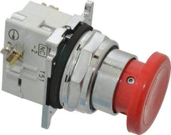 Eaton Cutler-Hammer - 30-1/2mm Mount Hole, Extended Mushroom Head, Pushbutton Switch with Contact Block - Round, Red Pushbutton, Nonilluminated, Momentary (MO), Corrosion Resistant, Oiltight and Watertight - Exact Industrial Supply