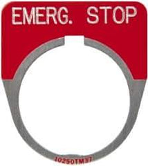 Eaton Cutler-Hammer - Round, Legend Plate - Emergency Stop - Red Background, 30-1/2mm Hole Diameter - Exact Industrial Supply