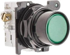 Eaton Cutler-Hammer - 30-1/2mm Mount Hole, Flush, Pushbutton Switch with Contact Block - Round, Green Pushbutton, Nonilluminated, Momentary (MO), Corrosion Resistant, Oiltight and Watertight - Exact Industrial Supply