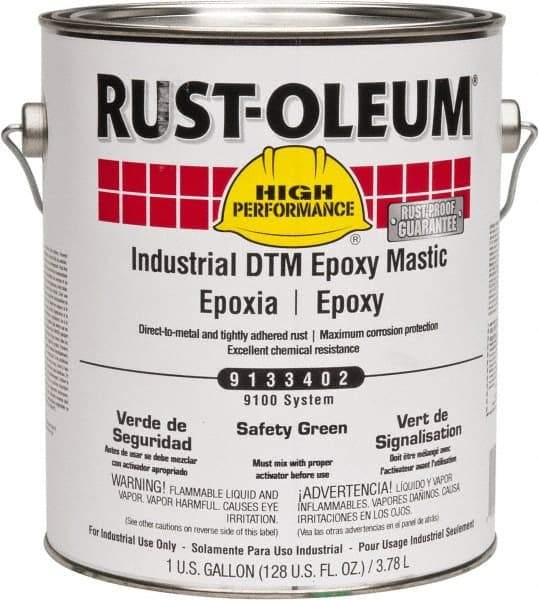 Rust-Oleum - 1 Gal Gloss Safety Green Epoxy Mastic - 100 to 225 Sq Ft/Gal Coverage, <340 g/L VOC Content, Direct to Metal - Exact Industrial Supply