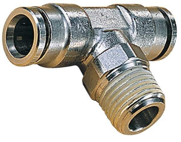Norgren - 12mm Outside Diam, 3/8 BSPT, Nickel Plated Brass Push-to-Connect Tube Male Swivel Branch Tee - 260 Max psi, Tube to Male BSPT Connection, Nitrile O-Ring - Exact Industrial Supply