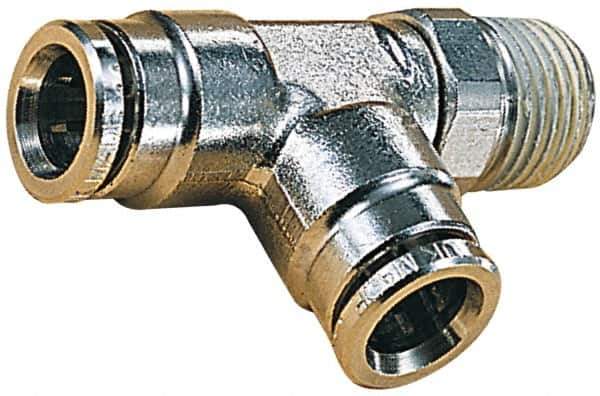Norgren - 10mm Outside Diam, 3/8 BSPT, Nickel Plated Brass Push-to-Connect Tube Male Swivel Run Tee - 260 Max psi, Tube to Male BSPT Connection, Nitrile O-Ring - Exact Industrial Supply