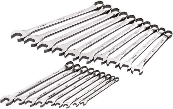 SK - 19 Piece, 6mm to 24mm, 12 Point Combination Wrench Set - Metric Measurement Standard, Full Polish Chrome Finish, Comes in Roll-Up Pouch - Exact Industrial Supply