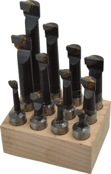 Interstate - 5/16 to 11/16" Min Diam, 3/4 to 3-3/4" Max Depth, 5/8" Shank Diam, 2-1/4 to 5-1/4" OAL Boring Bar Set - C2 Carbide Tipped, Bright Finish, Right Hand Cut, 12 Piece Set - Exact Industrial Supply