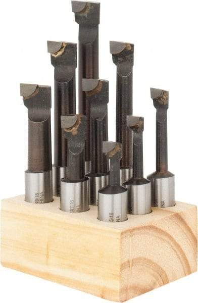 Interstate - 5/16 to 9/16" Min Diam, 3/4 to 3" Max Depth, 1/2" Shank Diam, 2-1/4 to 4-1/2" OAL Boring Bar Set - C6 Carbide Tipped, Bright Finish, Right Hand Cut, 9 Piece Set - Exact Industrial Supply