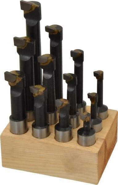 Interstate - 5/16 to 11/16" Min Diam, 3/4 to 3-3/4" Max Depth, 5/8" Shank Diam, 2-1/4 to 5-1/4" OAL Boring Bar Set - C6 Carbide Tipped, Bright Finish, Right Hand Cut, 12 Piece Set - Exact Industrial Supply