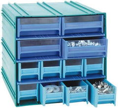 Quantum Storage - 14 Drawer, Gray, High Impact Styrene, Interlocking Storage Cabinet with Drawers - 11-3/4" Wide x 11-3/8" Deep x 11-1/8" High Body, (12) 2-3/4, (2) 5-5/8" Wide x 11" Deep x 2-1/2" High Drawers - Exact Industrial Supply