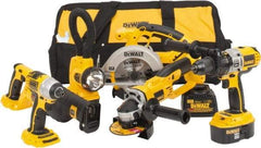 DeWALT - 17 Piece 18 Volt Cordless Tool Combination Kit - Includes 1/4" Impact Driver, 6-1/2" Circular Saw, Cut-Off Tool, Reciprocating Saw, 1/2" Hammer Drill, Battery Included - Exact Industrial Supply