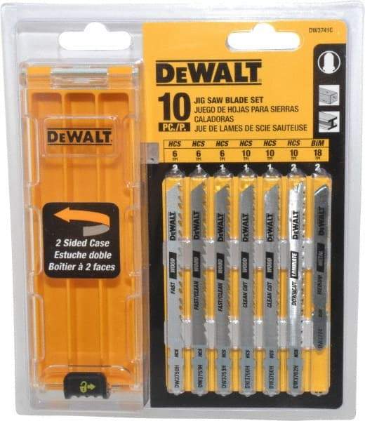 DeWALT - 10 Piece, 3" to 4" Long, 6 to 18 Teeth per Inch, Bi-Metal and High Carbon Steel Jig Saw Blade Set - T-Shank - Exact Industrial Supply