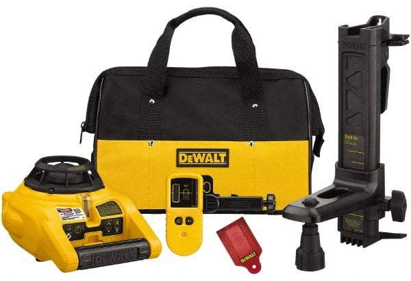 DeWALT - 100' (Interior) & 600' (Exterior) Measuring Range, 1/4" at 100' & 2mm at 10m Accuracy, Self-Leveling Rotary Laser with Detector - ±5° Self Leveling Range, 600 RPM, 2-D Battery Included - Exact Industrial Supply