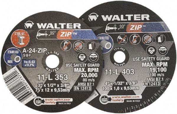 WALTER Surface Technologies - 4" 24 Grit Aluminum Oxide Cutoff Wheel - 1/16" Thick, 3/8" Arbor, 19,100 Max RPM, Use with Die Grinders - Exact Industrial Supply
