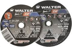 WALTER Surface Technologies - 4" 24 Grit Aluminum Oxide Cutoff Wheel - 1/16" Thick, 3/8" Arbor, 19,100 Max RPM, Use with Die Grinders - Exact Industrial Supply