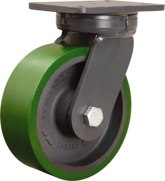 Hamilton - 8" Diam x 3" Wide x 10-1/2" OAH Top Plate Mount Swivel Caster - Polyurethane Mold onto Cast Iron Center, 2,500 Lb Capacity, Sealed Precision Ball Bearing, 5-1/4 x 7-1/4" Plate - Exact Industrial Supply