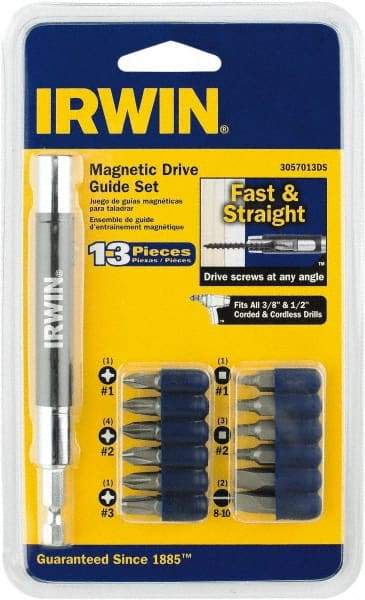 Irwin - 13 Piece, 1/4" Drive Screwdriver Drive Guide - #1 to #3 Phillips, 0.05 to 1/4" Hex, 1.27 to 10mm Hex, #1 & #2 Square Recess - Exact Industrial Supply