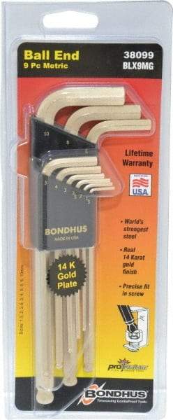 Bondhus - 9 Piece L-Key Ball End Hex Key Set - Hex Range 1.5 to 10mm, Steel - Exact Industrial Supply