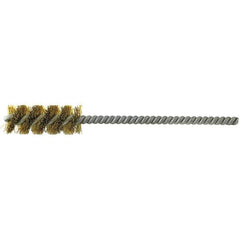 Brush Research Mfg. - 13/16" Diam Helical Brass Tube Brush - Single Spiral, 0.01" Filament Diam, 1-1/2" Brush Length, 6" OAL, 0.22" Diam Galvanized Steel Shank - Exact Industrial Supply