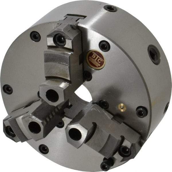 BTC - 3 Jaws, 6" Diam, Self Centering Manual Lathe Chuck - Plain Back Mount Spindle, Adjustable, Reversible, 3,400 Max RPM, 1.535" Through Hole Diam, Cast Iron - Exact Industrial Supply