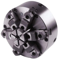 BTC - 6 Jaws, 8" Diam, Self Centering Manual Lathe Chuck - Plain Back Mount Spindle, Adjustable, Reversible, 2,200 Max RPM, 2.264" Through Hole Diam, Cast Iron - Exact Industrial Supply