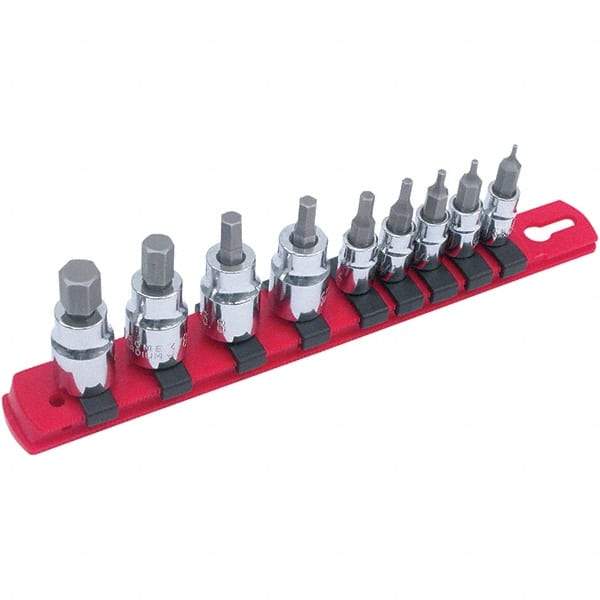 Wiha - 9 Piece 1/4 & 3/8" Drive Hex Bit Socket Set - 1.5 to 10mm Hex, Comes in Rail - Exact Industrial Supply