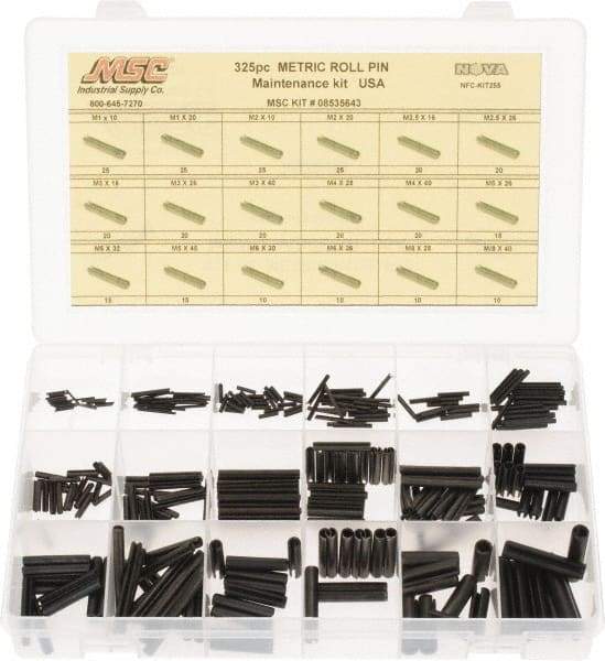 Made in USA - 325 Piece, M1 to M8 Pin Diam, Spring Pin Assortment - 10 to 40mm Long, Steel - Exact Industrial Supply