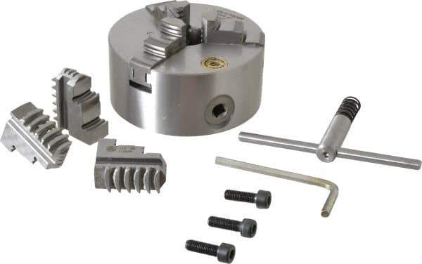 Bison - 3 Jaws, 5" Diam, Self Centering Manual Lathe Chuck - Plain Back Mount Spindle, 3,200 Max RPM, 1.2598" Through Hole Diam, 0.0008" Axial Runout, 0.0012" Radial Runout, Cast Iron - Exact Industrial Supply