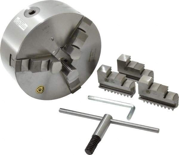 Bison - 3 Jaws, 8" Diam, Self Centering Manual Lathe Chuck - Plain Back Mount Spindle, 2,500 Max RPM, 2.1653" Through Hole Diam, 0.001" Axial Runout, 0.0016" Radial Runout, Cast Iron - Exact Industrial Supply